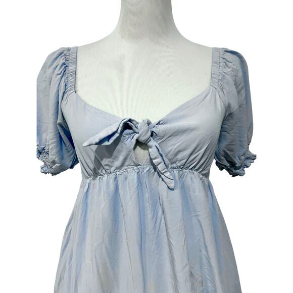 Altar’d State Dress Mini Tie Front Puff Sleeve Light Blue Empire Waist Womens M - Picture 4 of 9